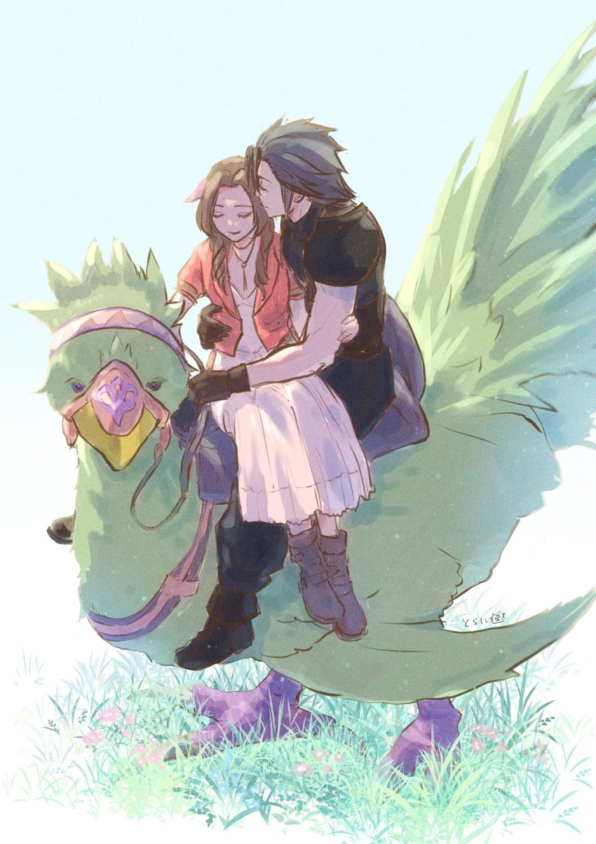 aerith gainsborough and zack fair (final fantasy and 3 more) drawn by ninnin5tora