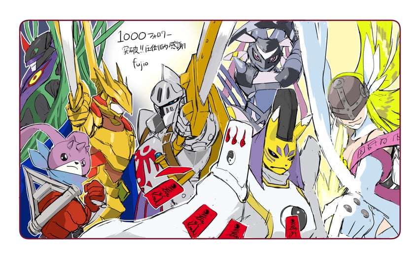 angewomon, algomon, taomon, crescemon, algomon perfect, and 3 more (digimon) drawn by fuji_o_(fujio9111)