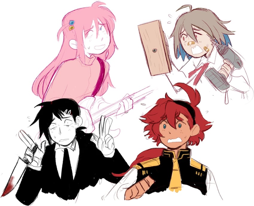 gotoh hitori, suletta mercury, higashiyama kobeni, and yua serufu (gundam and 4 more) drawn by soggystyrofoam
