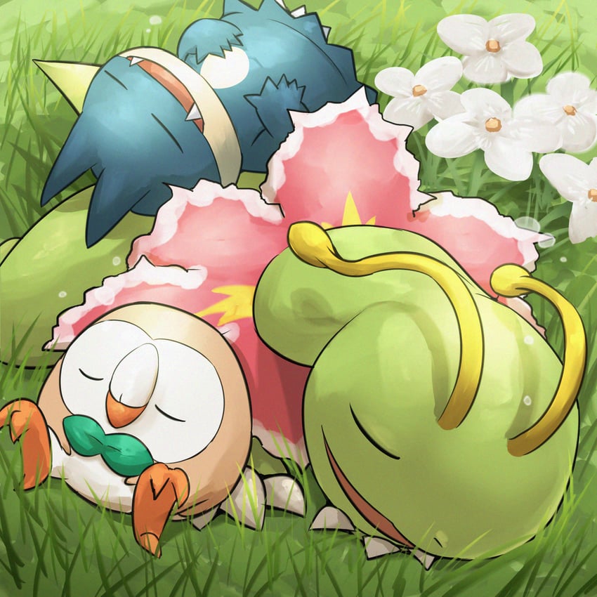 rowlet, munchlax, and meganium (pokemon) drawn by spicyichizo