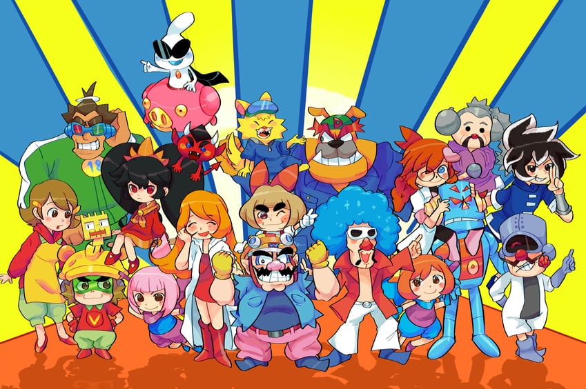 ashley, wario, mona, red, penny crygor, and 15 more (warioware) drawn by awxtach