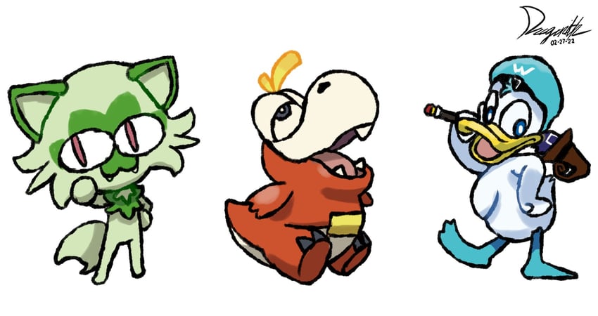 sprigatito, fuecoco, quaxly, donald duck, and baby yoshi (pokemon and 5 more) drawn by dragonith