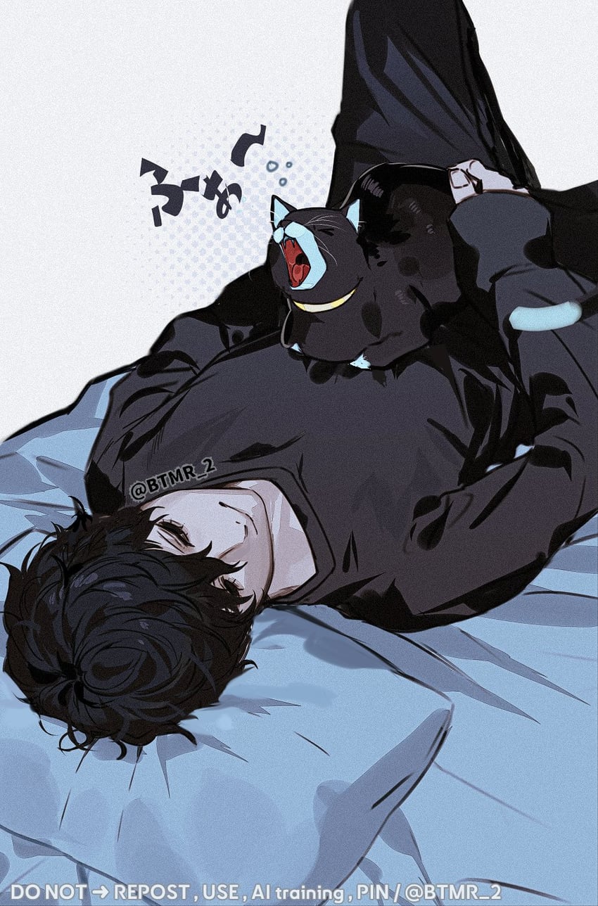 amamiya ren and morgana (persona and 1 more) drawn by btmr_game