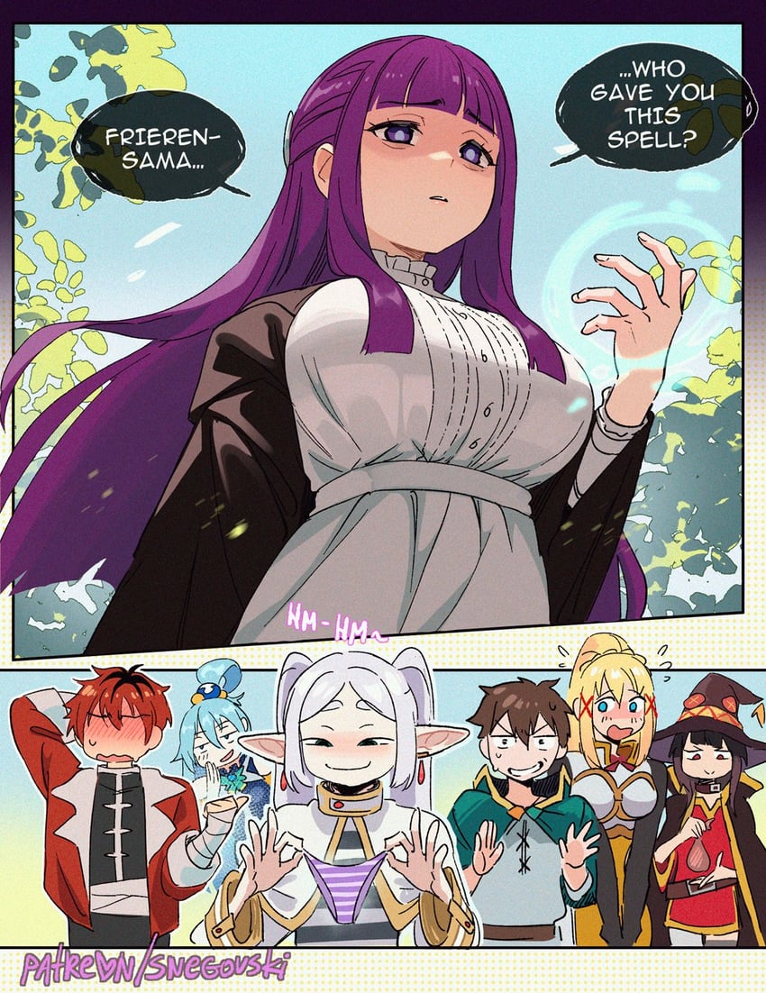 frieren, megumin, fern, aqua, darkness, and 2 more (kono subarashii sekai ni shukufuku wo! and 1 more) drawn by snegovski