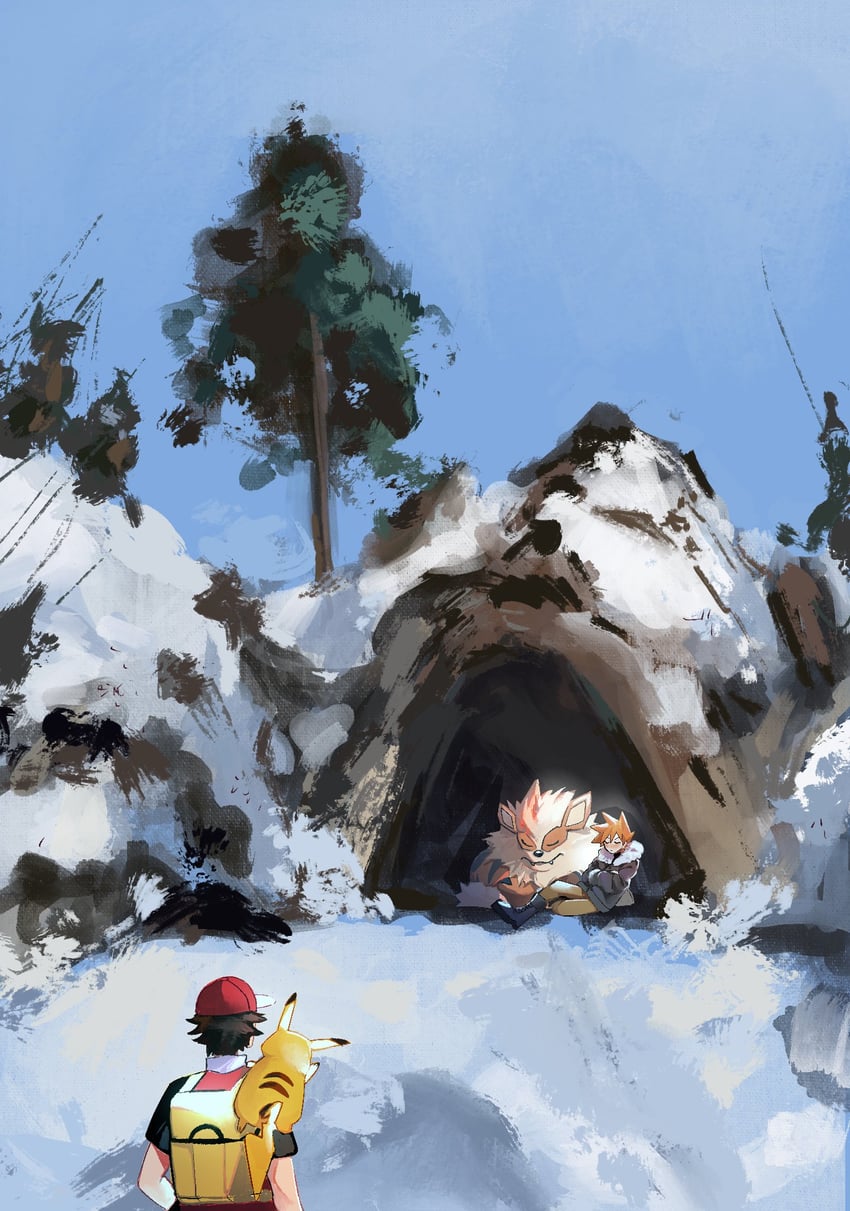pikachu, red, blue oak, and arcanine (pokemon and 1 more) drawn by mei_(manjunii)