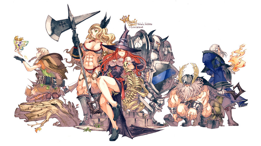 sorceress, amazon, elf, dwarf, fighter, and 2 more (dragon's crown) drawn by yoshida_tooru
