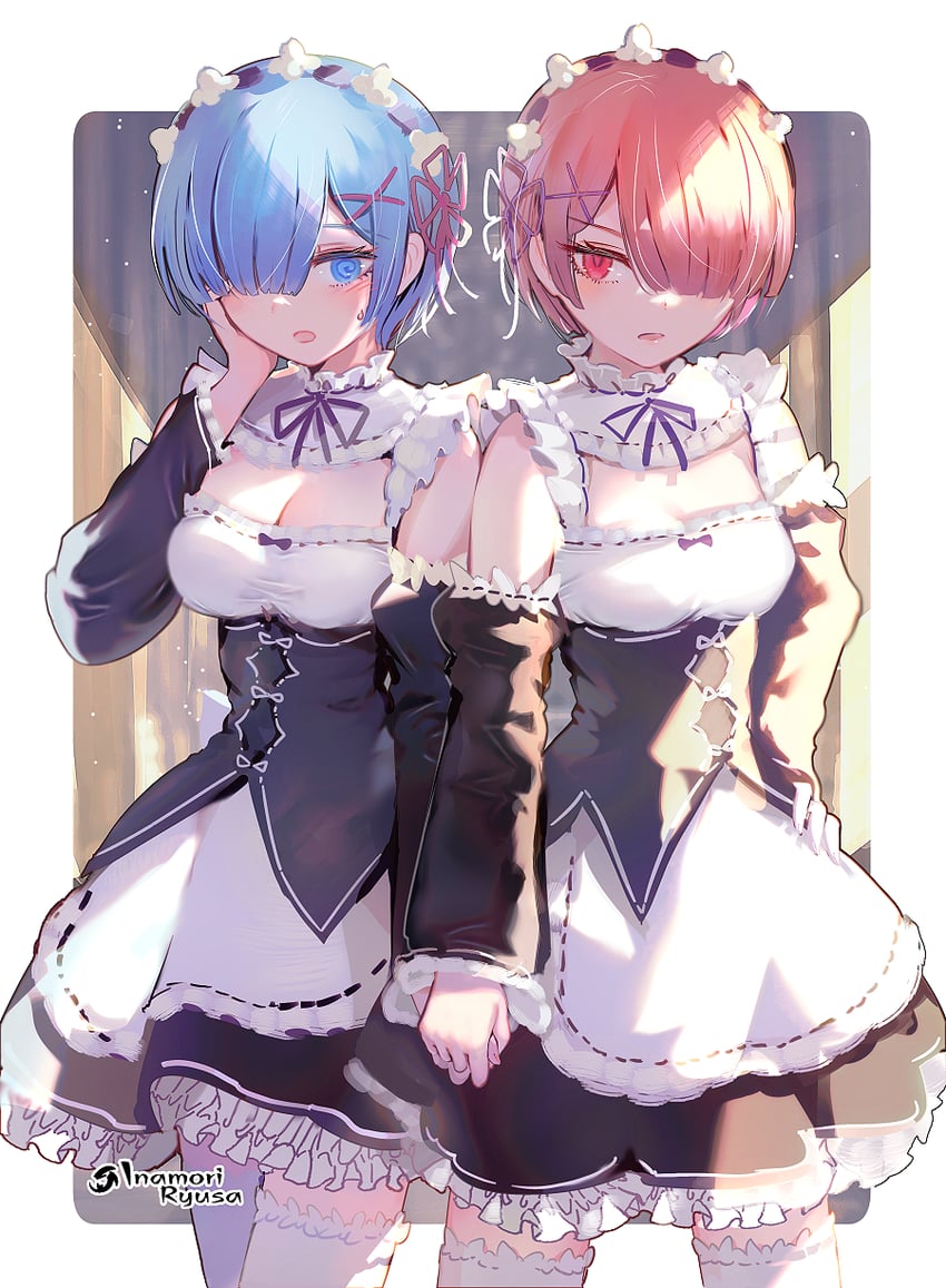 rem and ram (re:zero kara hajimeru isekai seikatsu) drawn by inaeda_kei