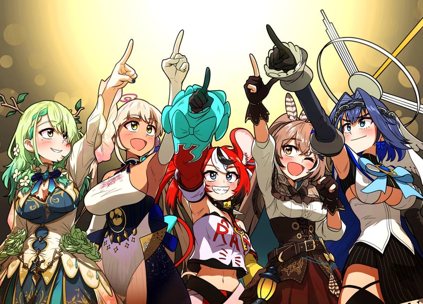ouro kronii, nanashi mumei, hakos baelz, ceres fauna, and tsukumo sana (hololive and 3 more) drawn by ddolbang