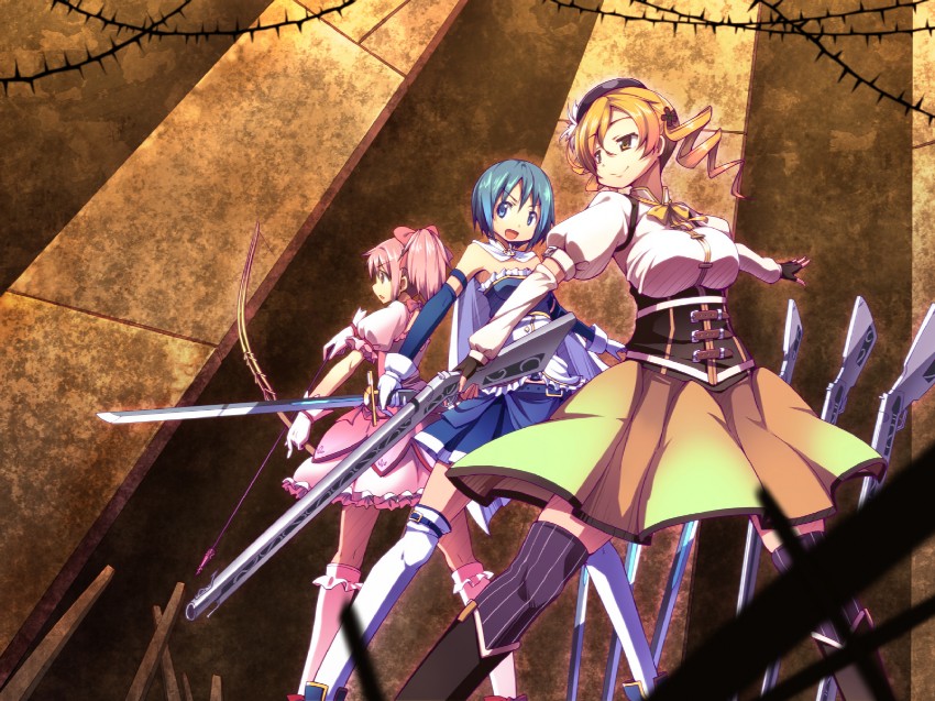 kaname madoka, miki sayaka, and tomoe mami (mahou shoujo madoka magica) drawn by bon_(moegomi)