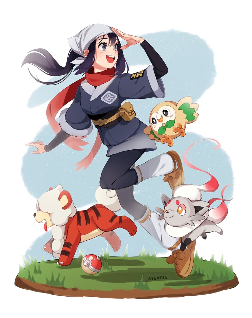 akari, rowlet, hisuian zorua, and hisuian growlithe (pokemon and 1 more) drawn by syertse