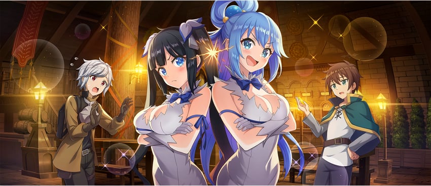 aqua, hestia, satou kazuma, and bell cranel (kono subarashii sekai ni shukufuku wo! and 2 more)