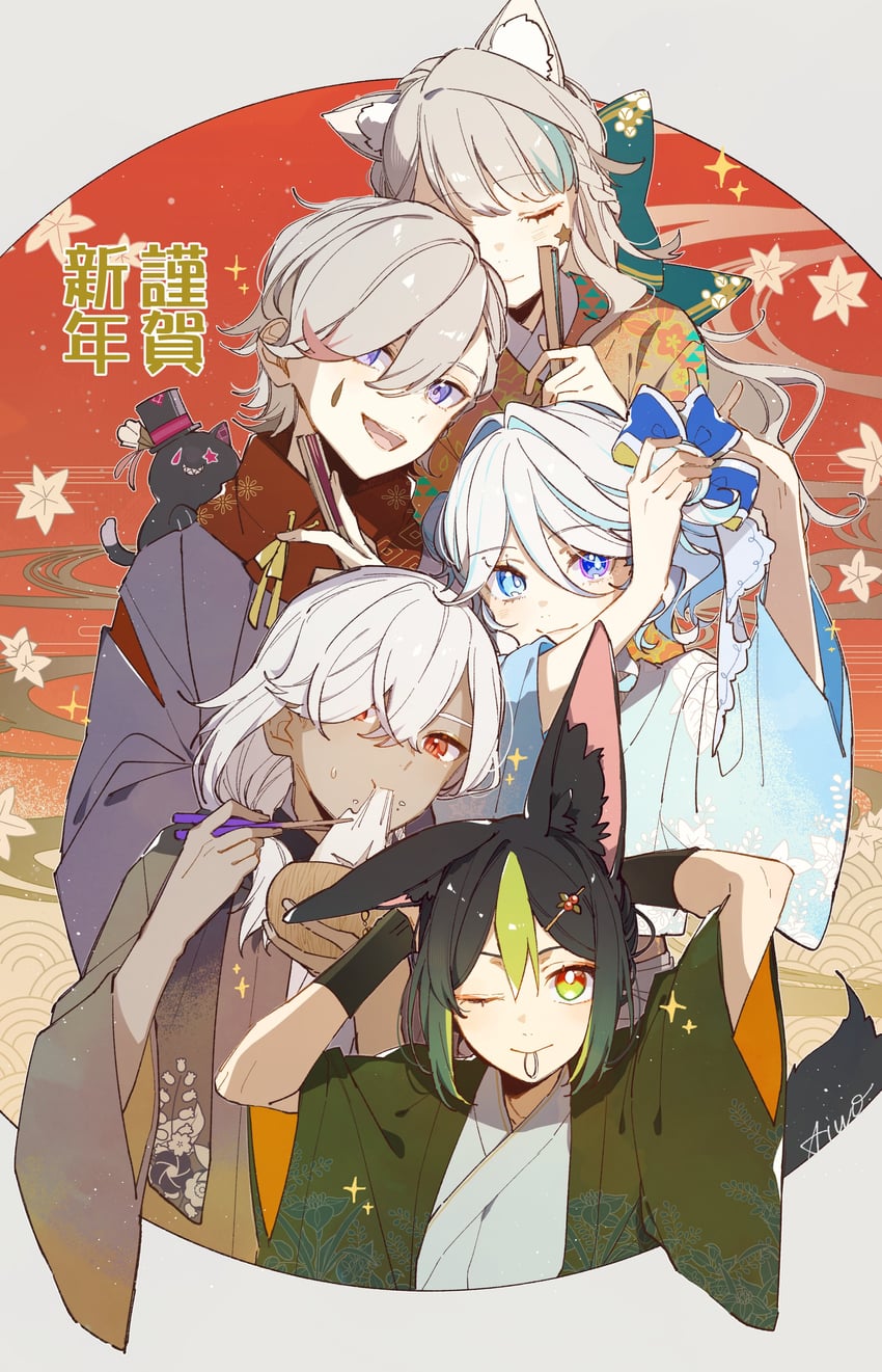 furina, tighnari, cyno, lynette, lyney, and 1 more (genshin impact) drawn by aiwo_o_lite