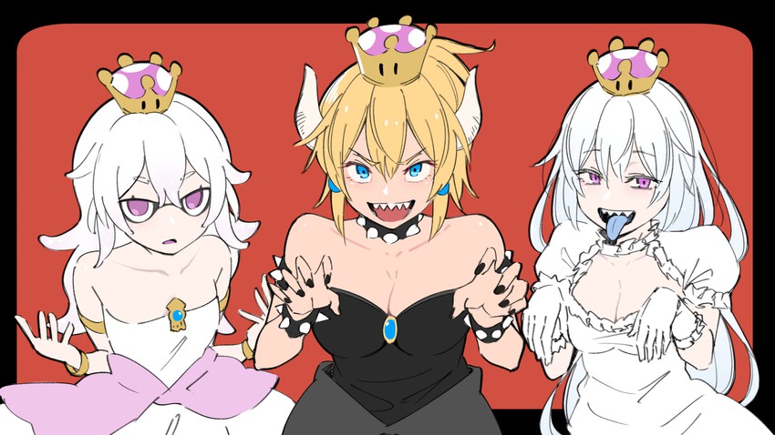 bowsette, princess king boo, and bloopette (mario and 2 more) drawn by kemuri_haku