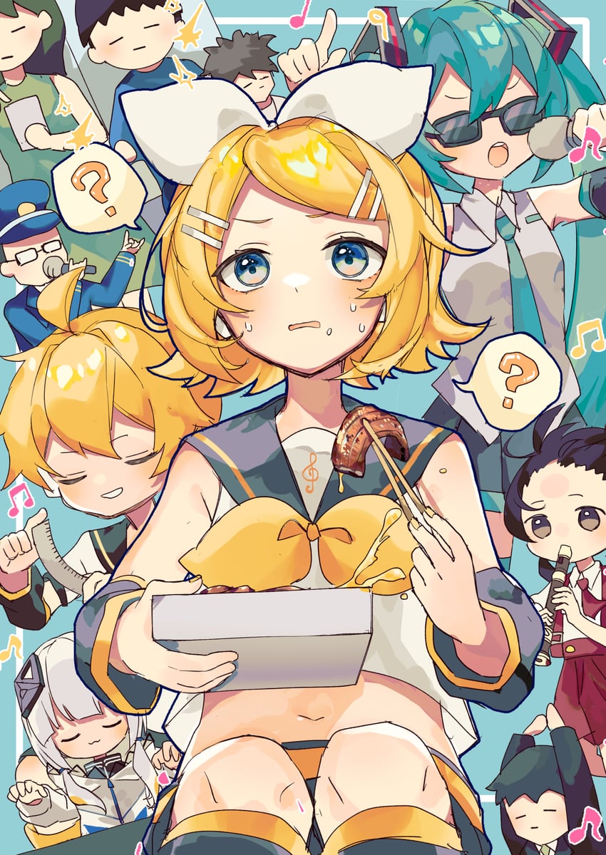 hatsune miku, kagamine rin, kagamine len, kaai yuki, and kafu (vocaloid and 3 more) drawn by sazanami_(ripple1996)