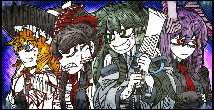 hakurei reimu, kirisame marisa, kochiya sanae, and reisen udongein inaba (touhou) drawn by suenari_(peace)