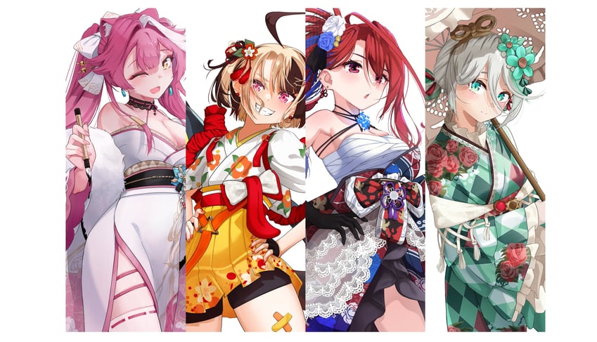 raora panthera, gigi murin, elizabeth rose bloodflame, and cecilia immergreen (hololive and 1 more) drawn by obi3