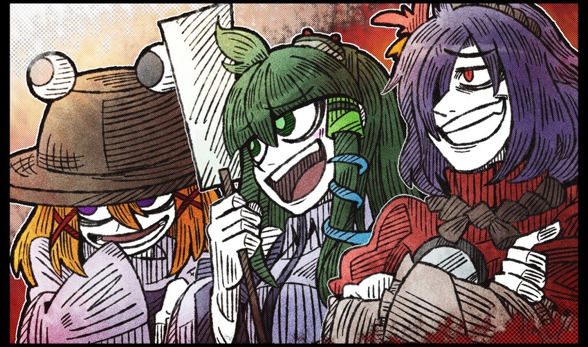 kochiya sanae, moriya suwako, and yasaka kanako (touhou) drawn by suenari_(peace)