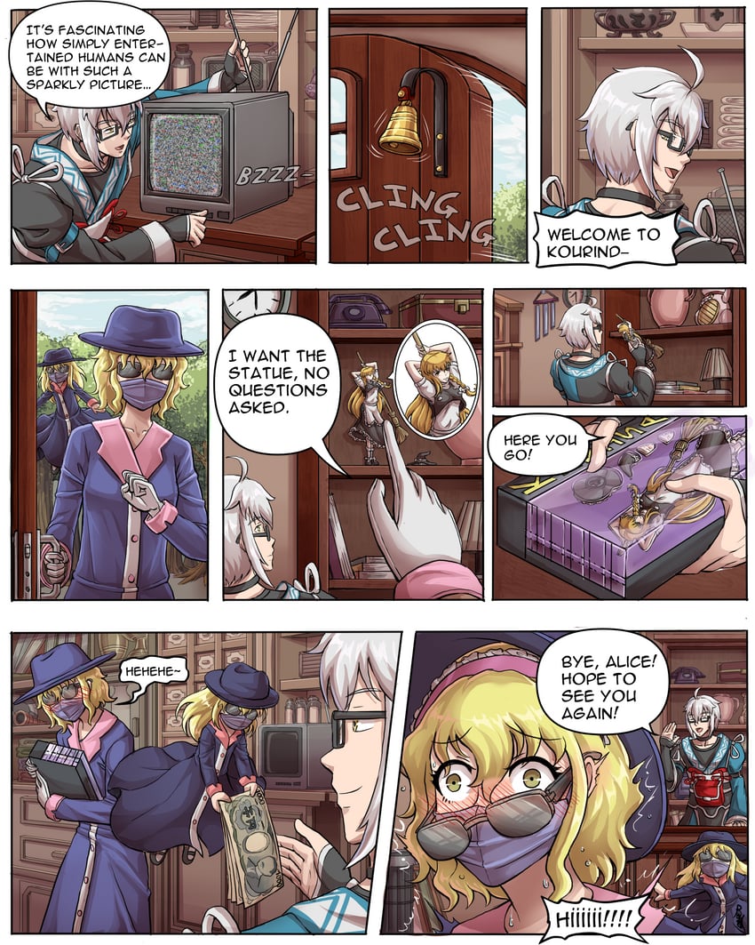kirisame marisa, alice margatroid, morichika rinnosuke, and shanghai doll (touhou) drawn by buhbuhbored