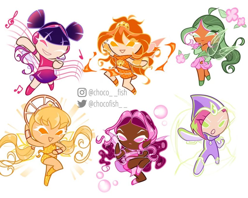bloom, stella, flora, musa, tecna, and 1 more (cookie run and 1 more) drawn by chocofish