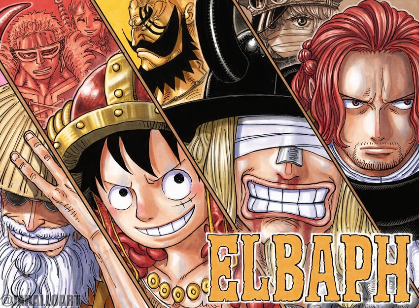 nami, monkey d. luffy, roronoa zoro, gunko, figarland shamrock, and 3 more (one piece) drawn by jaralloart
