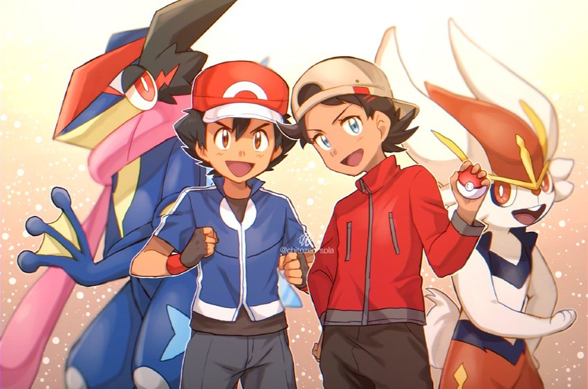 ash ketchum, goh, cinderace, greninja, and ash-greninja (pokemon and 2 more) drawn by chitozen_(pri_zen)