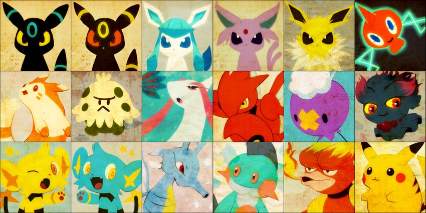 pikachu, rotom, umbreon, glaceon, espeon, and 11 more (pokemon) drawn by tetsuko_(tetsuko009)