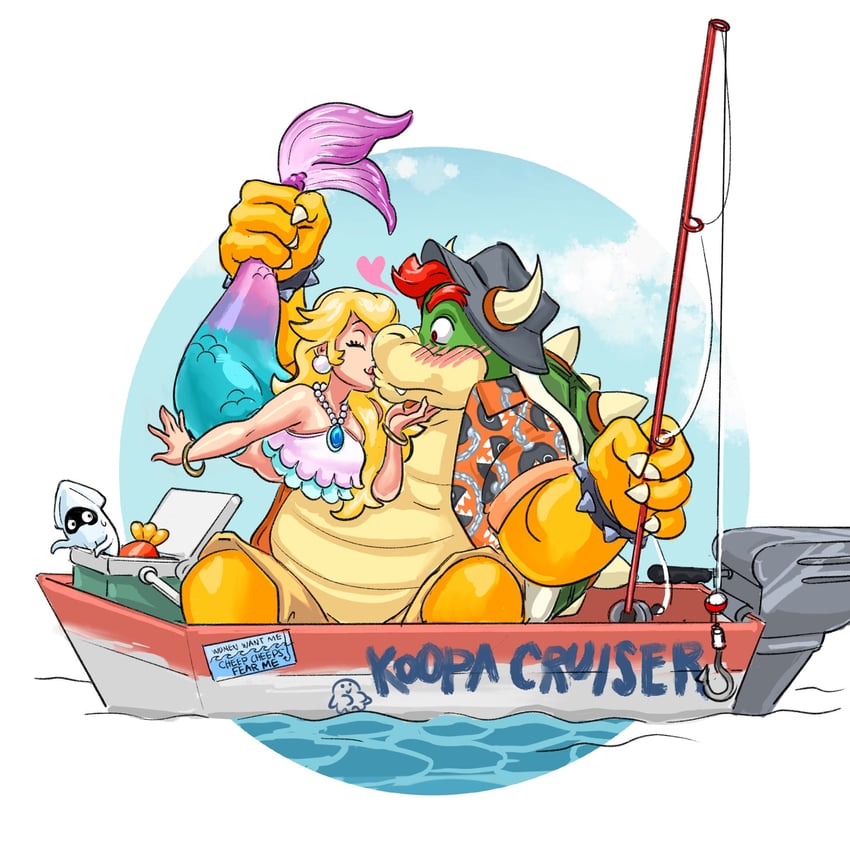 princess peach, bowser, chain chomp, blooper, cheep cheep, and 1 more (mario and 1 more) drawn by phantomdame