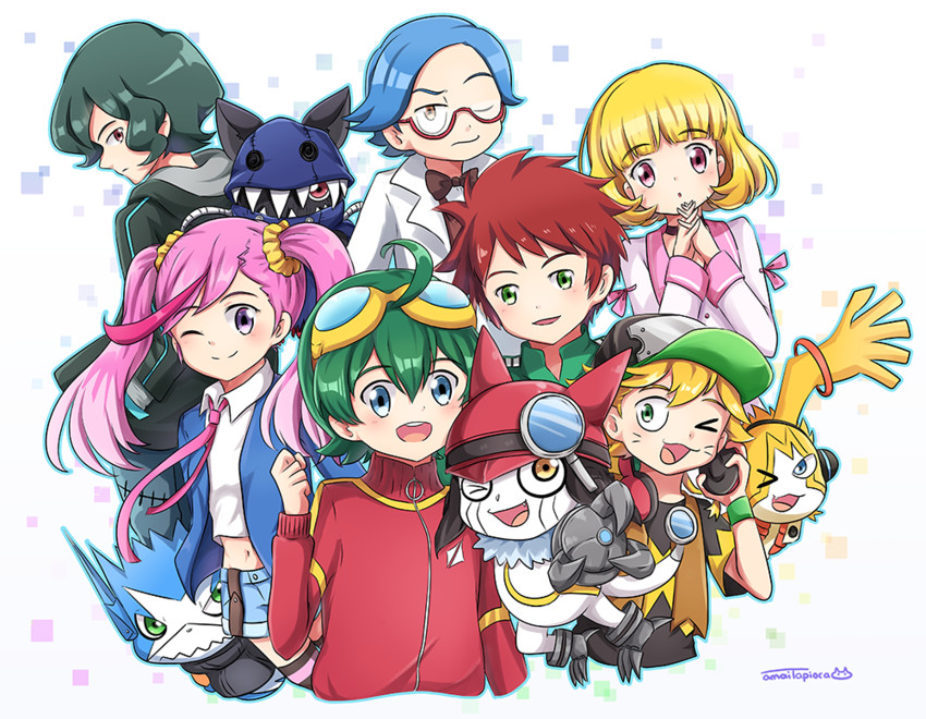gatchmon, shinkai haru, karan eri, dokamon, kashiki ai, and 6 more (digimon and 1 more) drawn by amaimi