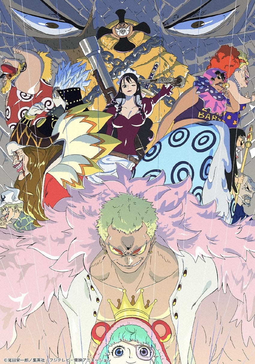donquixote doflamingo, baby 5, sugar, dellinger, senor pink, and 8 more (one piece) drawn by kojima_takashi