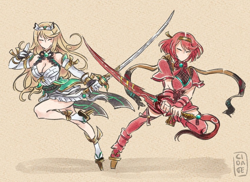 pyra and mythra (xenoblade chronicles and 2 more) drawn by cidate