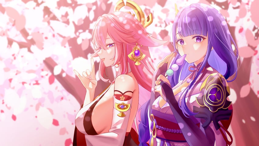 raiden shogun and yae miko (genshin impact) drawn by watatai