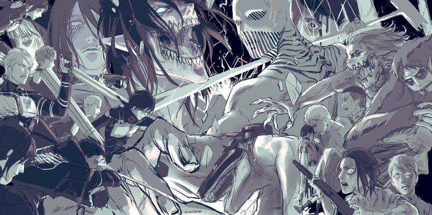 mikasa ackerman, eren yeager, levi, armin arlert, titan, and 21 more (shingeki no kyojin) drawn by vvv020vvv