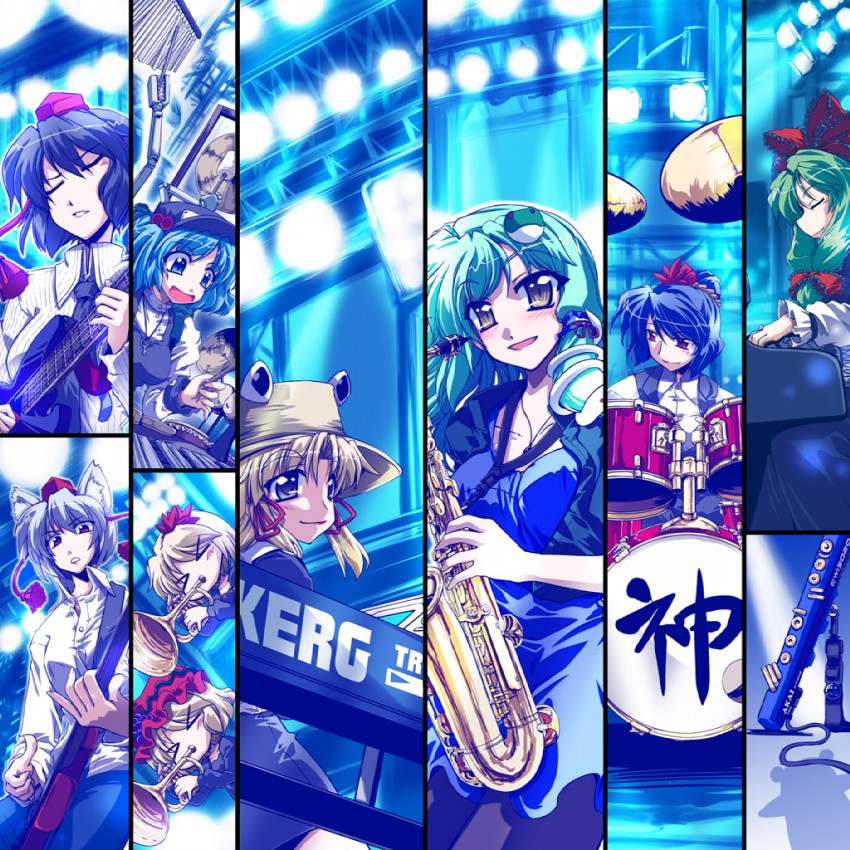 kochiya sanae, inubashiri momiji, moriya suwako, kawashiro nitori, yasaka kanako, and 3 more (touhou and 1 more) drawn by takana_shinno