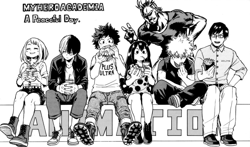 midoriya izuku, uraraka ochaco, bakugou katsuki, todoroki shoto, asui tsuyu, and 2 more (boku no hero academia) drawn by horikoshi_kouhei