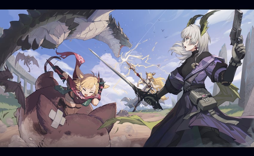 irene, kroos, kroos the keen glint, and leizi (arknights) drawn by karoro