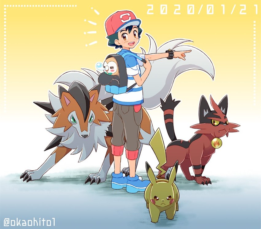 pikachu, ash ketchum, rowlet, lycanroc, and torracat (pokemon and 1 more) drawn by okaohito1