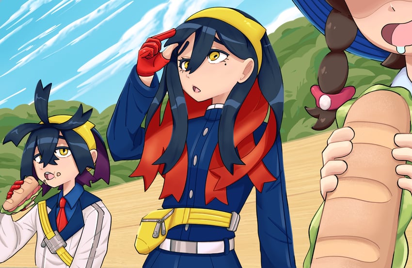 kieran, juliana, and carmine (pokemon and 1 more) drawn by frillza
