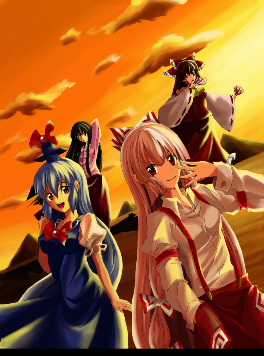 hakurei reimu, fujiwara no mokou, kamishirasawa keine, and houraisan kaguya (touhou) drawn by mizumiyako