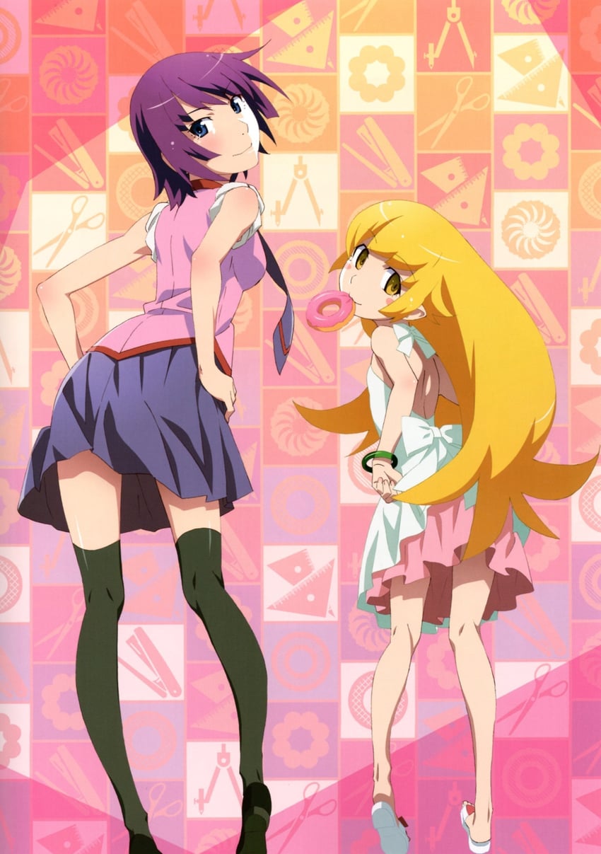 oshino shinobu and senjougahara hitagi (monogatari) drawn by watanabe_akio