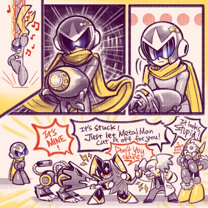 proto man, bass, dr. wily, metal man, and treble (mega man) drawn by laser-lance