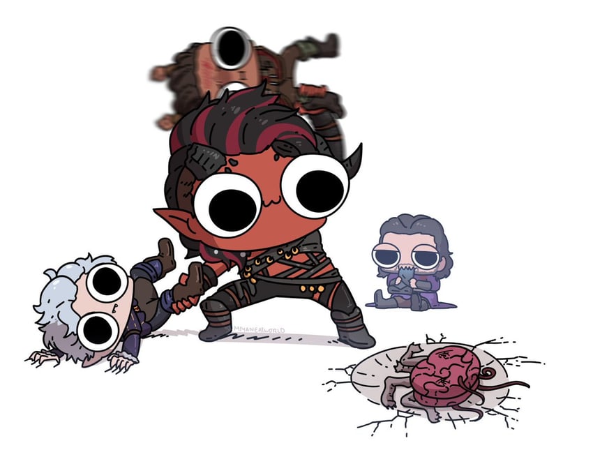 karlach, astarion, gale, and wyll (dungeons & dragons and 2 more) drawn by miyan_(oceanmaiden)