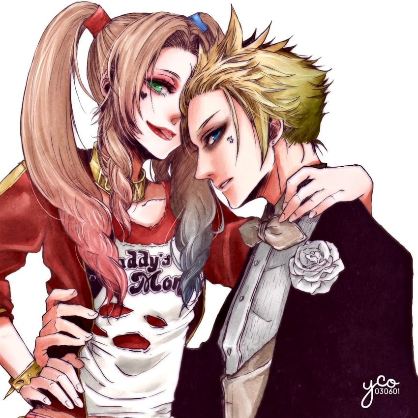 cloud strife, aerith gainsborough, harley quinn, and joker (final fantasy and 4 more) drawn by yco_030601