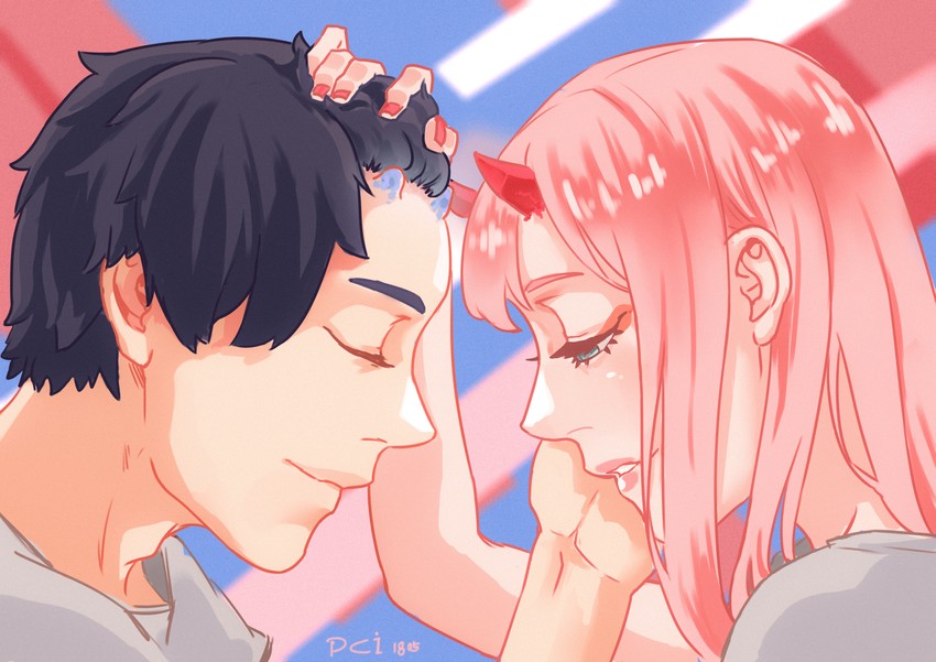 zero two and hiro (darling in the franxx) drawn by pciyoo