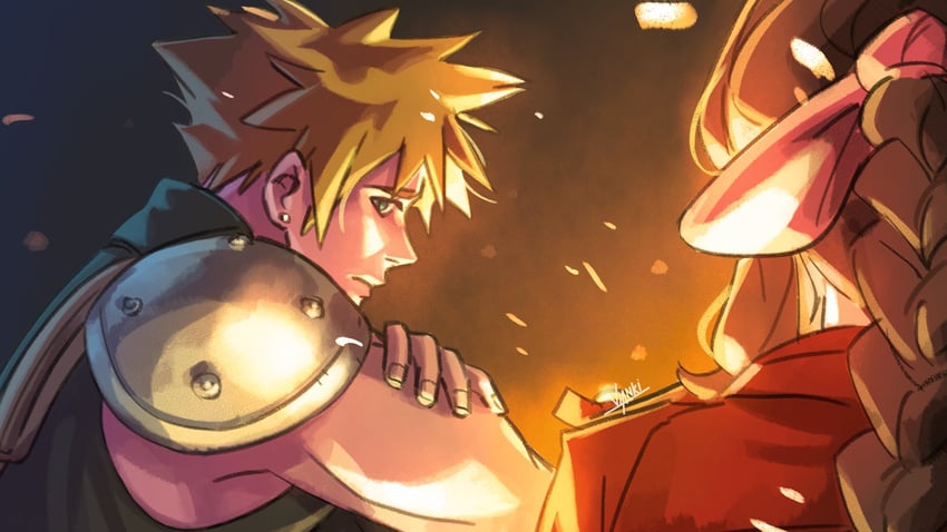 cloud strife and aerith gainsborough (final fantasy and 1 more) drawn by emi-bianchi