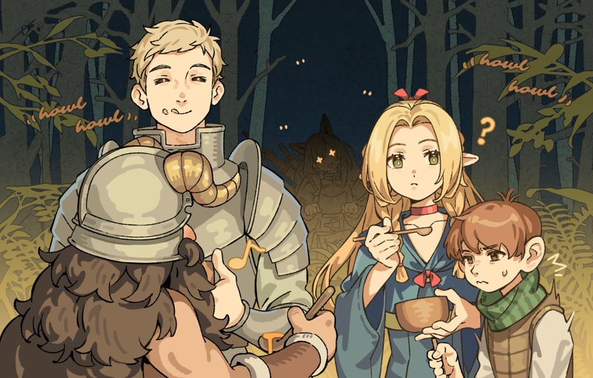 marcille donato, laios touden, senshi, chilchuck tims, and ceobe (arknights and 1 more) drawn by favilia
