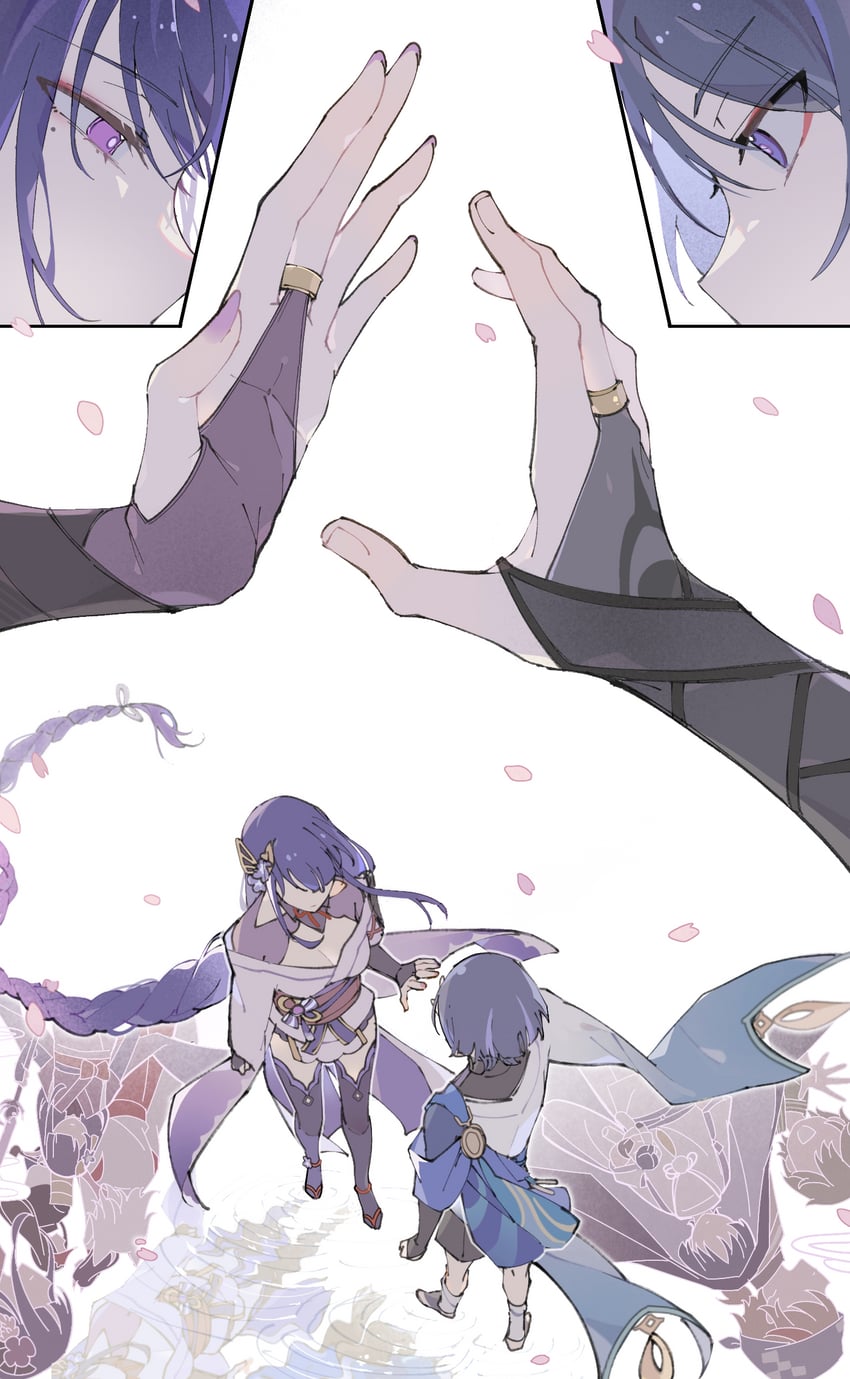 raiden shogun, scaramouche, wanderer, makoto, niwa, and 3 more (genshin impact) drawn by yue_(shemika98425261)