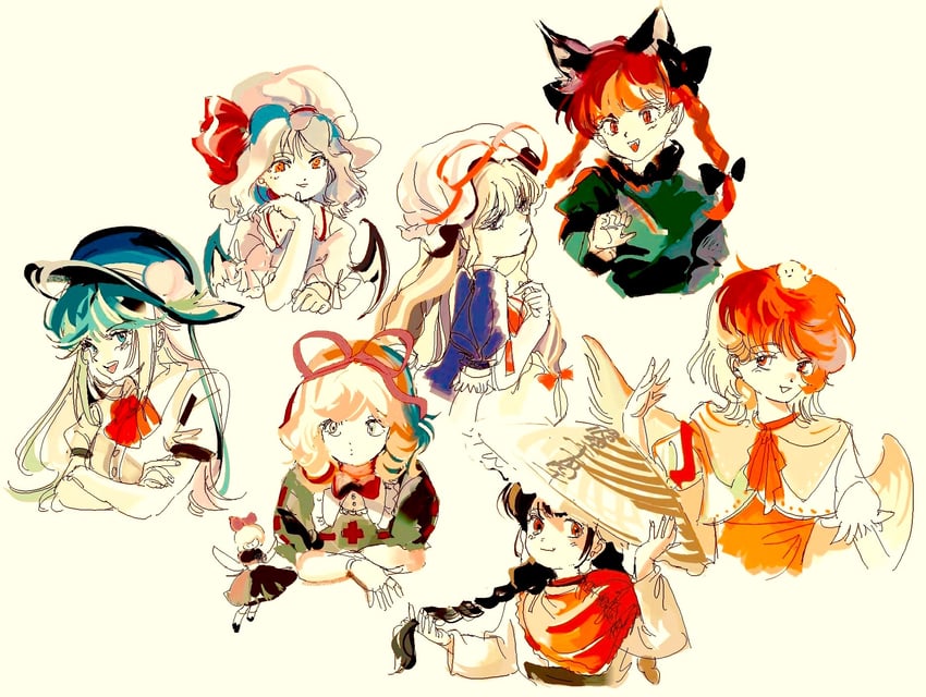 remilia scarlet, yakumo yukari, kaenbyou rin, hinanawi tenshi, medicine melancholy, and 2 more (touhou) drawn by 6osquet
