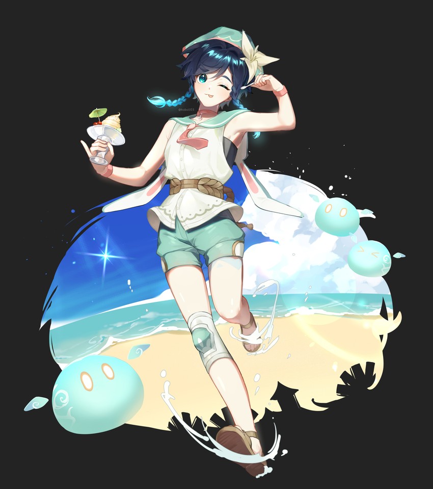 venti, slime, and anemo slime (genshin impact) drawn by kkopoli