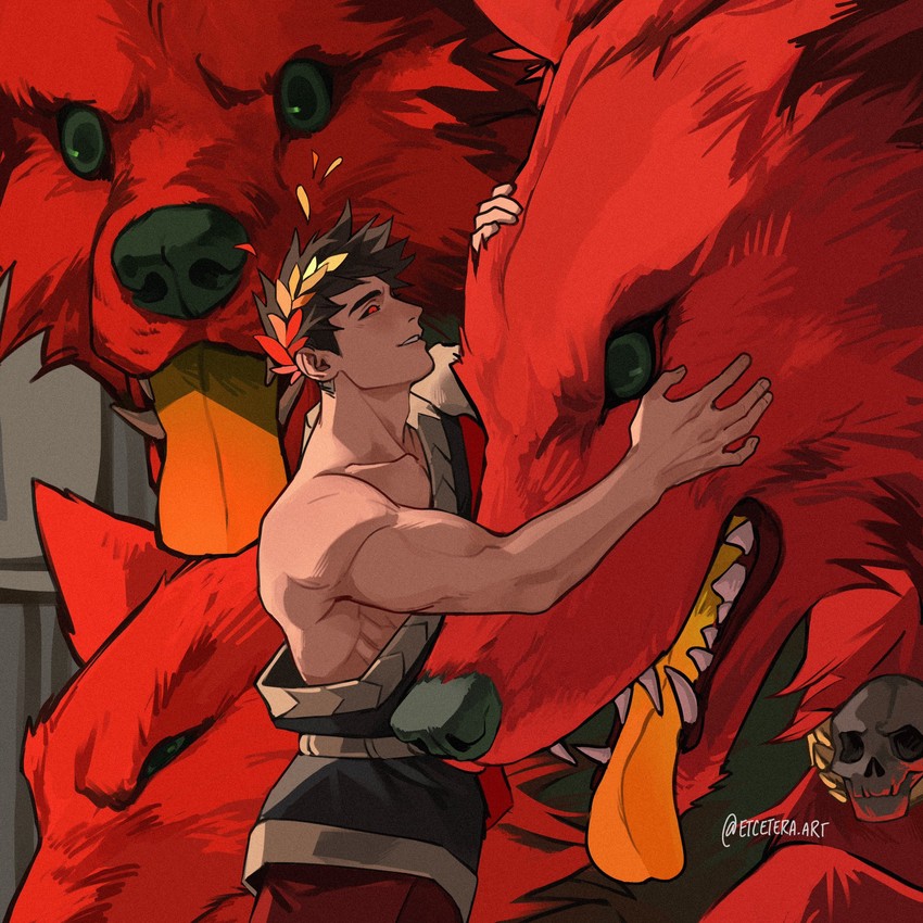 prince zagreus petting his three-headed red cerberus after yet another death in the underworld