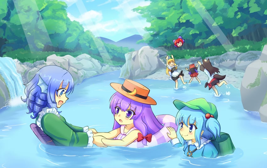 kirisame marisa, patchouli knowledge, kawashiro nitori, imaizumi kagerou, sekibanki, and 1 more (touhou) drawn by yoruniwa